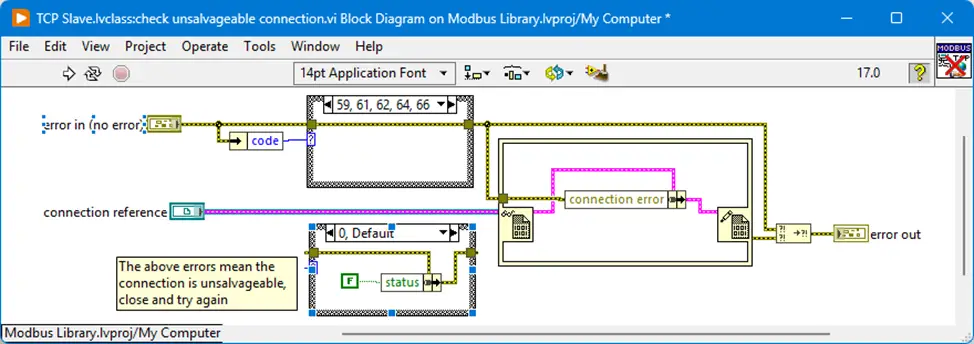 Figure 6: NI Modbus error handling by downgrading an error to a warning